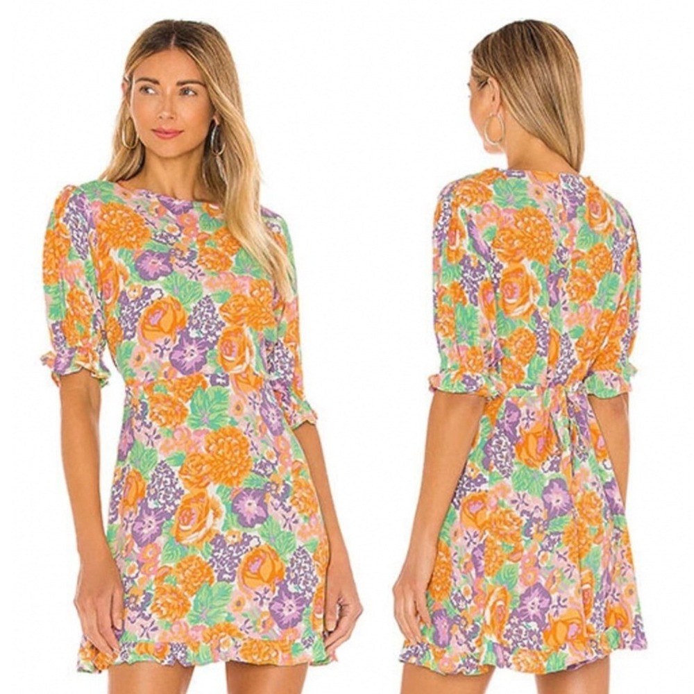 Faithfull The Brand Florence Mini Dress Ade Floral Elastic Cuff Size S Small